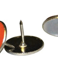 Close-up of Reflective Trail Tacks Orange Pack Of 50 For Hunting Camping And Hiking with sharp points and reflective orange faces.