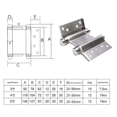 Diagram and photo of Heavy Duty Stainless Steel Two Way Spring Hinge For Doors And Fences In 3 Inch 4 Inch Or 5 Inch Sizes