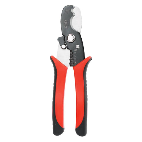 Straight Up Eight Inch Heavy Duty Electric Wire Stripper and Cable Crimper Tool with Solid Manganese Steel Jaws, front view.