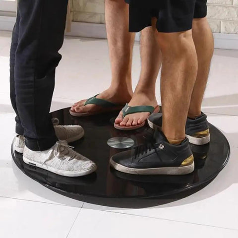 Must Have Round Glass Lazy Susan Turntable For Dining Tables, Black Rotating Serving Tray 60 To 100 Cm with people standing on it