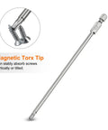 Built Tough T20 Security Torx Bits With Quarter Inch Hex Shank And Six Inch Length Crafted From Grade S2 Steel Magnetic Tamper Resistant Bits show magnetic tip.