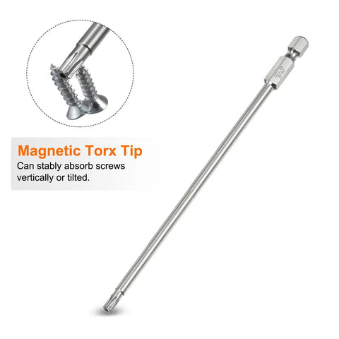 Built Tough T20 Security Torx Bits With Quarter Inch Hex Shank And Six Inch Length Crafted From Grade S2 Steel Magnetic Tamper Resistant Bits show magnetic tip.