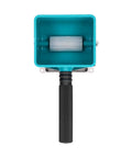 Top view of a Game Changing Manual Glue Spreader And Applicator Roller, turquoise container and textured handle, ideal for adhesive application.