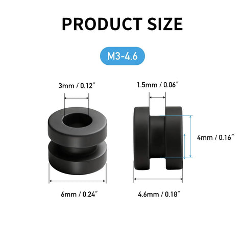 Dimensional diagram of black Vibe Dampers For FPV Drone Flight Controllers F4 F7 Rubber Balls Soft Mount Grommets 24Pcs