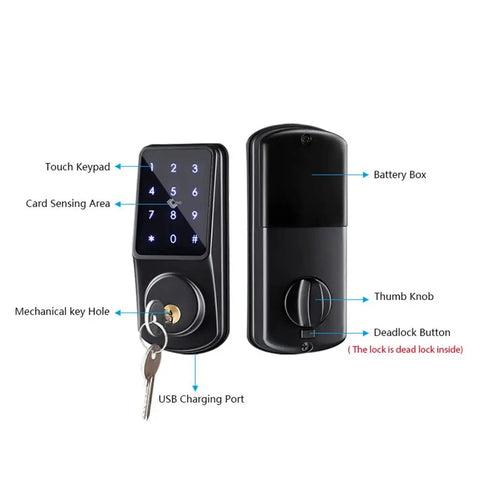 No Sweat Smart Door Lock With Keyless Entry Digital App Control And IC Card Access Plus Mechanical Key Backup Rock Solid Zinc Build close-up of touch keypad and lock features.