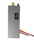 Front view of FPV VTX Transmitter with digital display, metal shell, for long range drones. Includes 8 channels, multiple power settings.