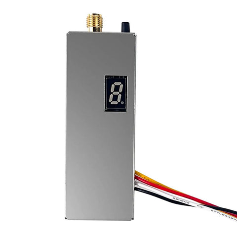 Front view of FPV VTX Transmitter with digital display, metal shell, for long range drones. Includes 8 channels, multiple power settings.