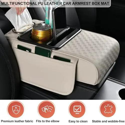 Waterproof Faux Leather Armrest Box Mat With Dual Cup Holders, Phone Slot, Tissues, Side Pockets, Elastic Straps, And Absorbent Cup Coaster on car console