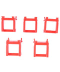 Red plastic hooks for organizing spray bottles on a Heavy Metal Spray Bottle Storage Rack With Padded Hooks Rock Solid Garage Organizer.