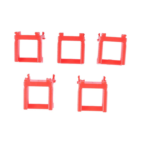 Red plastic hooks for organizing spray bottles on a Heavy Metal Spray Bottle Storage Rack With Padded Hooks Rock Solid Garage Organizer.