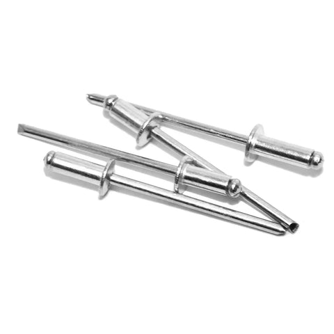 Aluminum Dome Head Blind Rivets Set Assorted Sizes M3.2 M4 M4.8 Pop Rivets Kit For DIY Projects And Heavy Duty Fixes Quick Tool Application Delivers No Fuss Vibration Resistant Holds. Silver aluminum blind rivets shown on white background.