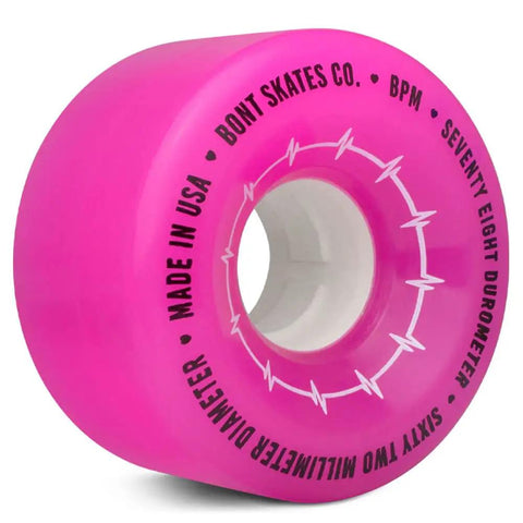 Beats Per Minute Quad Roller Skate Wheels 62x35mm 78A Hot Pink Outdoor Set Of 4 showing side view and branding details