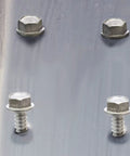 Top Sh*...* - Close-up of #8 hex washer head self-tapping steel screws, 1/2 inch length, on a metal surface.