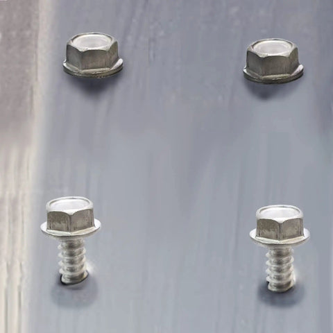 Top Sh*...* - Close-up of #8 hex washer head self-tapping steel screws, 1/2 inch length, on a metal surface.
