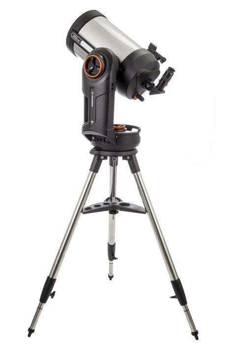 NexStar Evolution 8 Schmidt-Cassegrain Telescope on tripod with WiFi GoTo mount, angled view, aluminum finish