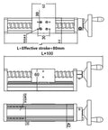 Technical drawing of Premium Manual Linear Sliding Table Stage Featuring Top Shelf Precision Ball Screw Spindle Adjusting 100 To 1000 Millimeters.