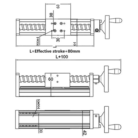 Technical drawing of Premium Manual Linear Sliding Table Stage Featuring Top Shelf Precision Ball Screw Spindle Adjusting 100 To 1000 Millimeters.
