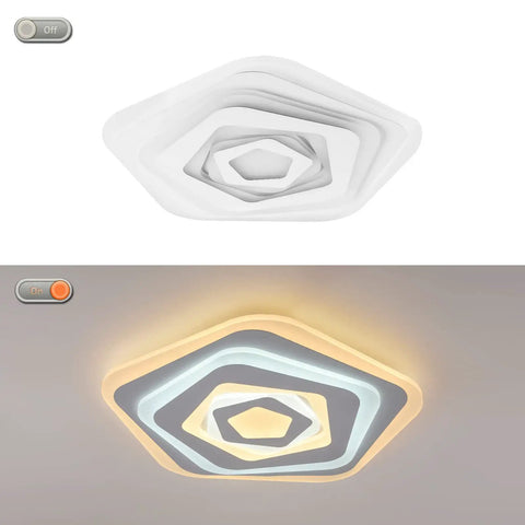 Dimmable Acrylic Ceiling Light With Remote Control, Flush Mount LED Modern Lamp, white hexagonal design, turned off and on