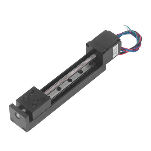 100mm Stroke Linear Slide Table With NEMA 11 Stepper Motor for DIY CNC Router on alloy base, side view of single rail