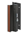 Close-up of black aluminum sliding door handle set with hook lock for older style patio doors surface mount diecast construction non keyed includes mounting hardware single pack easy installation Phillips screwdriver required for assembly