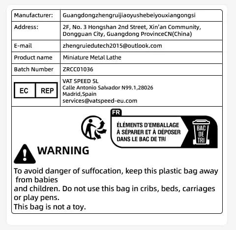 Front view of packaging label for Miniature Metal Lathe with manufacturer details, batch number, and plastic bag warning.