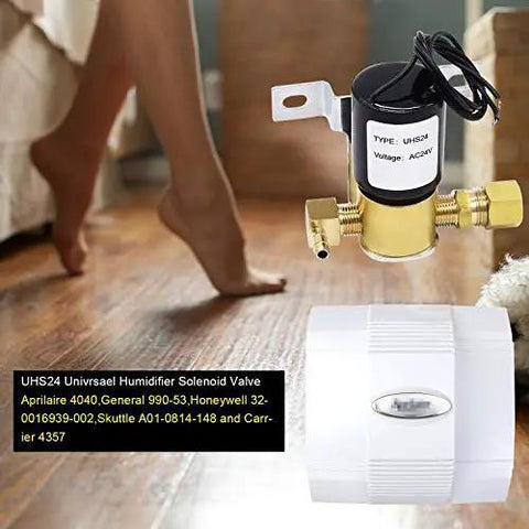 Humidifier Solenoid Valve Replacement Kit UHS24 24V shown with parts, compatible with Aprilaire 4040 and Honeywell HE25.