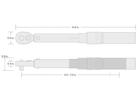 Diagram of One Quarter Inch Drive Dual Direction Click Torque Wrench dimensions, showing 8.8 inch length and 0.9 inch width.
