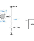 FSR502 force sensing resistor circuit (front view) with 3.3V reference and 10k pull-down to ground to MCU ADC.