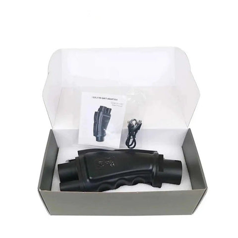 Heavy Duty CCS2 To GBT EV Charger Adapter Featuring Silver Plated Terminals in a box, with user manual and cable.