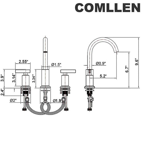 Technical diagram of Three Hole Widespread Brushed Nickel Bathroom Faucet With Two Handles For 8 Inch Sink Vanity, dimensions shown.