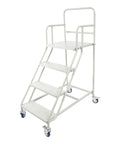 Industrial Four Step Rolling Ladder With Smooth Glide Casters And Non Slip Treads For Daily Shop Grinds, sturdy steel frame in white.