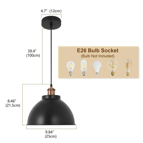 Dope Industrial Modern Black Barn Pendant Lights Set Of 3 For Kitchen Island; E26 socket detail with dimensions