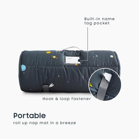 Galaxy Space Nap Mat For Toddlers With Pillow And Blanket All In One Roll Up Sleeping Bag, gray color, built-in name tag pocket.