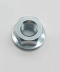 Close-up of metal nut from Left Hand M8-1.25 Nut Set For Ryobi And Homelite String Trimmers Gear Heads Edgers 8X1.25 Left Hand Thread Five Pack.