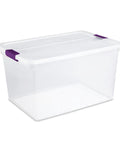 Heavy Duty Clear Plastic Storage Totes With Secure Snap Lock Lids 6 Pack 64 Quart Plus 6 Pack 66 Quart Stackable Bins side angle view