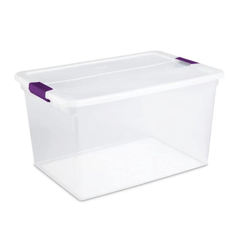 Heavy Duty Clear Plastic Storage Totes With Secure Snap Lock Lids 6 Pack 64 Quart Plus 6 Pack 66 Quart Stackable Bins side angle view