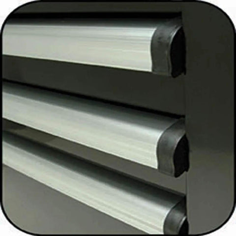 Close-up of drawer pulls on 72 Inch 21 Drawer Rolling Cabinet With Rugged Pro Grade Heavy Duty Tubular Locking System.