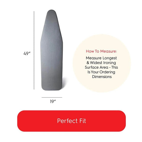 Diagram showing dimensions of Premium Ironing Board Cover 19 X 49 Inches Made In Italy With Heat Reflective Silicone Pads and tips for measuring.