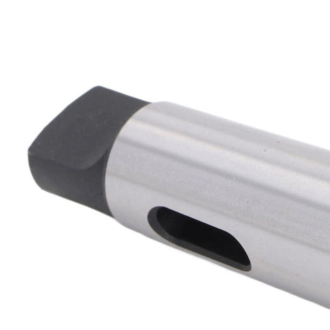 Morse taper adapter sleeve MT1–MT3, steel with silver body and black end, close-up view