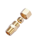 5-piece brass compression fitting set, straight coupling, 1/4 in tube OD x 1/4 in NPT male, exploded view