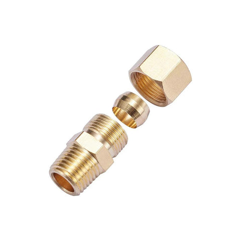5-piece brass compression fitting set, straight coupling, 1/4 in tube OD x 1/4 in NPT male, exploded view