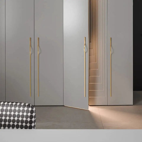 Brushed Gold Aluminum Alloy Sleek Cabinet Handles Set 2 Pcs Finger Edge Pulls on gray doors, 160mm Hole Distance