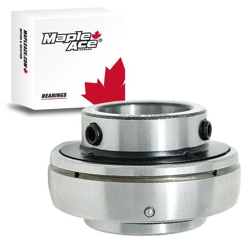 Maple Ace UC205 insert bearing with 25mm bore, spherical OD, set screws, lubrication hole.