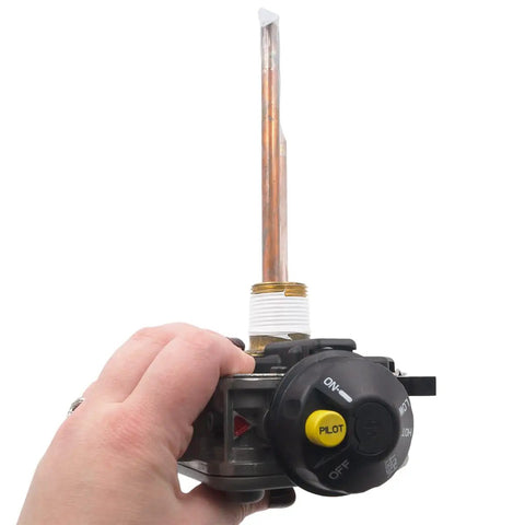 Water Heater Gas Control Thermostat NG Natural Gas Replacement Part DIY Friendly With AP16313 Pilot Adapter held in hand
