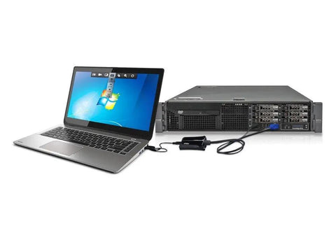 Hassle Free Laptop USB KVM Console Crash Cart Adapter connected to a laptop and server for seamless server takeover.