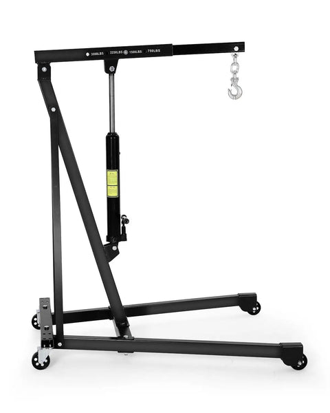Shop Grade Hydraulic Engine Hoist Cherry Picker Crane with 3000 Lbs lifting capacity in black finish, side view with swivel wheels.