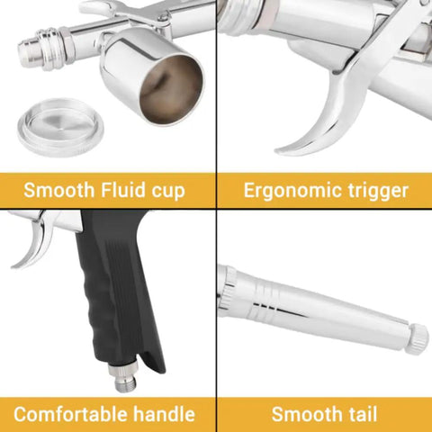 Heavy Duty Gravity Feed Dual Action Pistol Grip Airbrush With Adjustable Flow Control And Killer Fine Detail Spray Gun, showing ergonomic handle and smooth fluid cup.