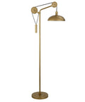 Solid Wheel Pulley Floor Lamp With Brass Dome Shade And Industrial Steel Base, 8 Foot Cord, E26 Bulb Compatible, Handcrafted Brass Finish