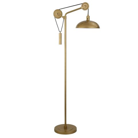 Solid Wheel Pulley Floor Lamp With Brass Dome Shade And Industrial Steel Base, 8 Foot Cord, E26 Bulb Compatible, Handcrafted Brass Finish
