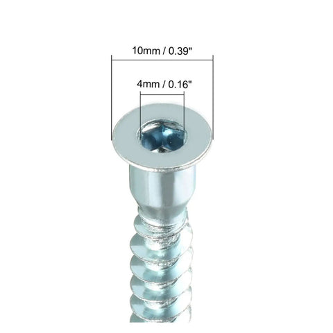 Close-up of 60 Piece Confirmat Screws Set, 7mm Diameter Hex Socket Countersunk Wood Panel Screws with measurements